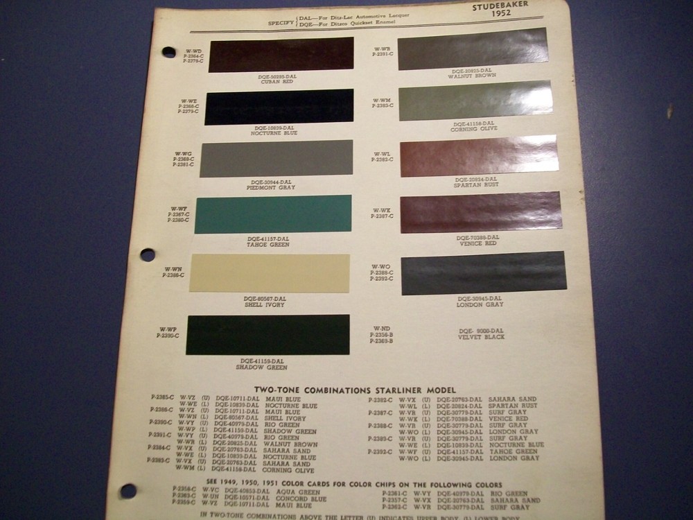 1952 Studebaker car colors Paint Chips set -PPG Ditzler