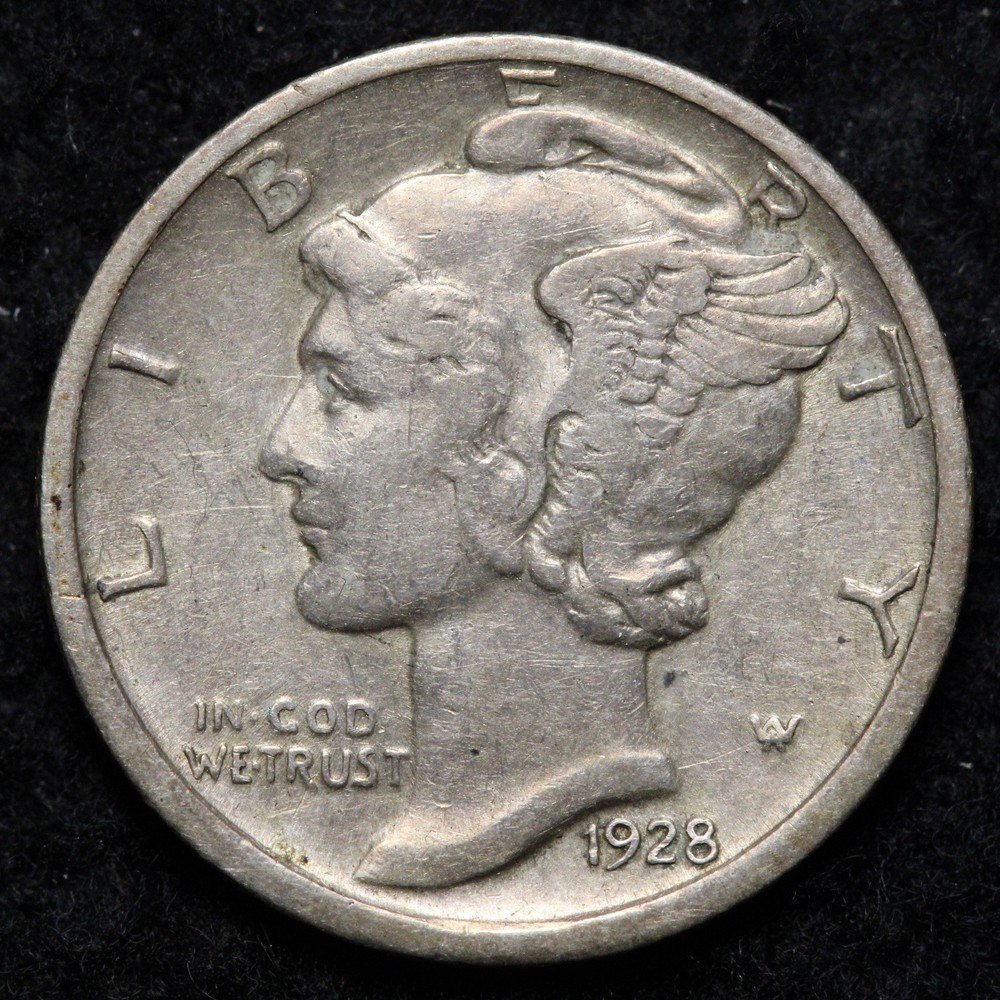 1928-D Mercury Silver Dime AU E205 DRYFU