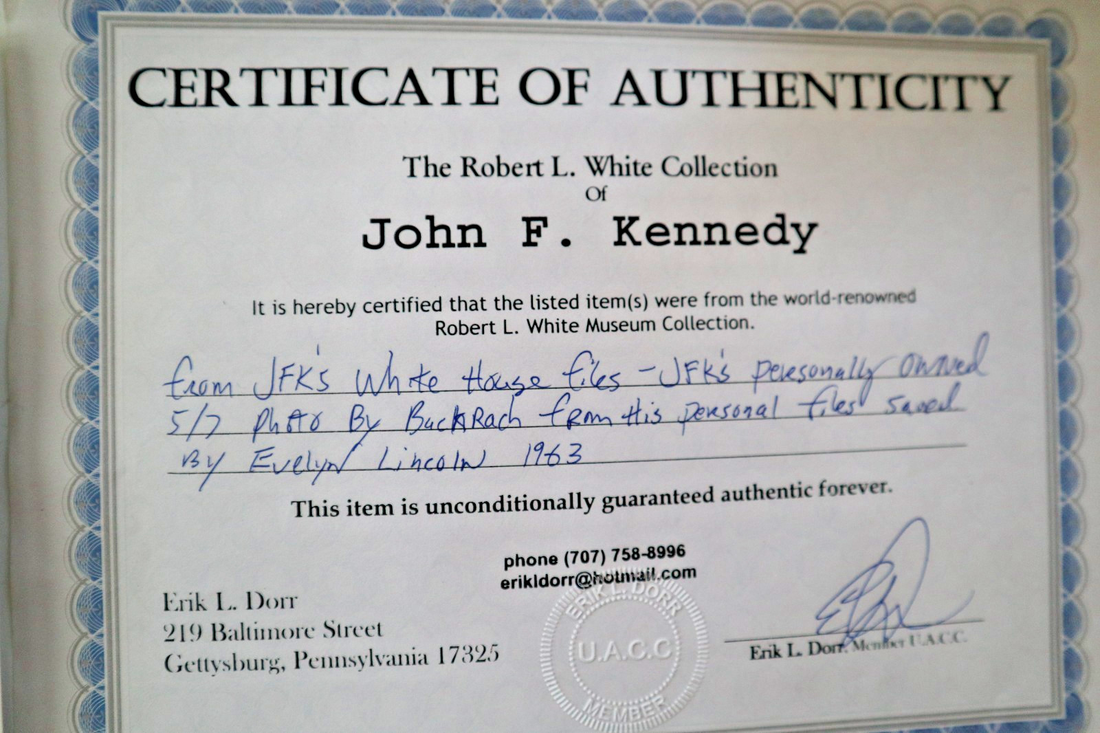 JOHN F KENNEDY PERSONALLY OWNED PHOTO WITH SIGNED COA