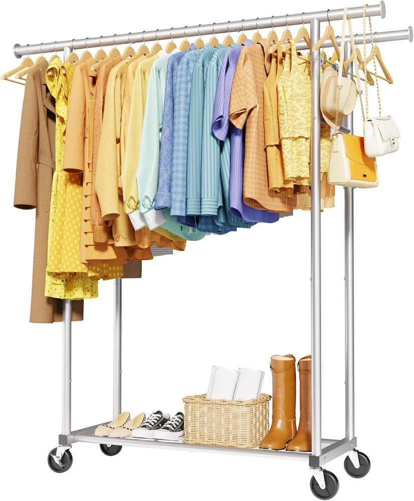 Mobile Double Rod Clothes Rack, Freestanding Garment Organizer with Medium Load