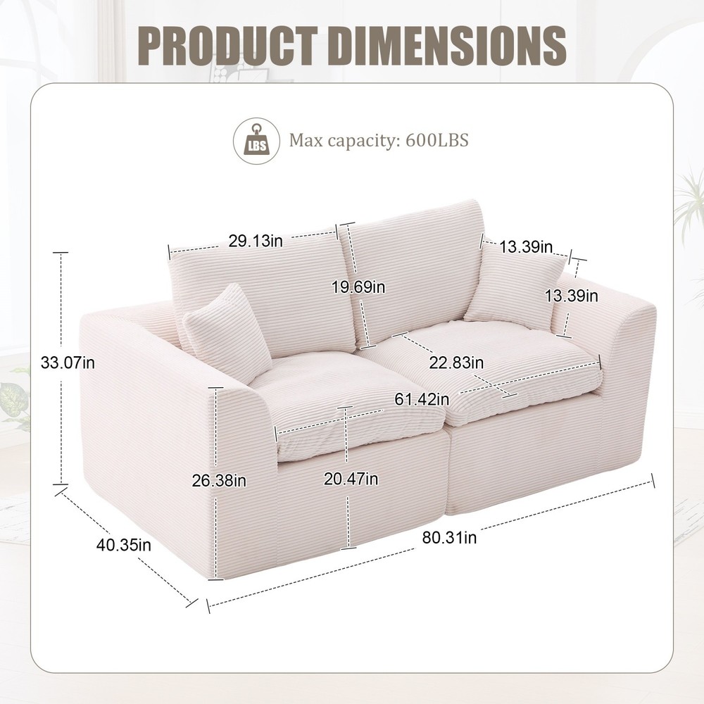 Convertible Modular Sectional Sofa Loveseat Couch w/ 2 Pillows for Small Space