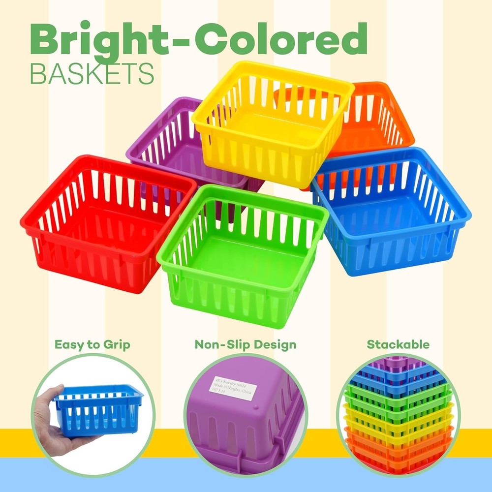 12 Pack Small Classroom Storage Baskets, Square 4.5" Sturdy Plastic Colorful ...