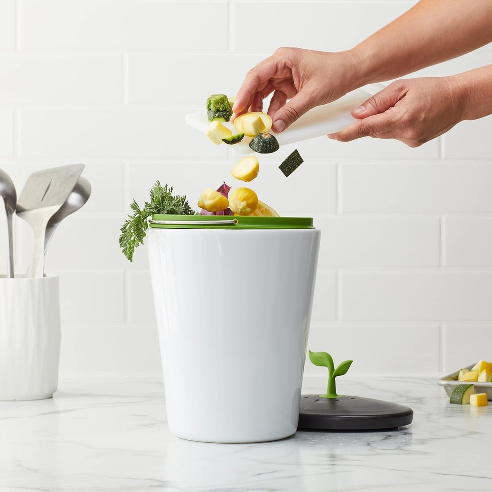 Counter Compost Bin Ceramic 3L Vented Lid Odor Absorbing Kitchen Eco