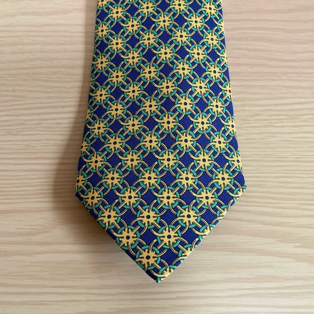 HERMES Blue Gold Green Gear Pattern Tie