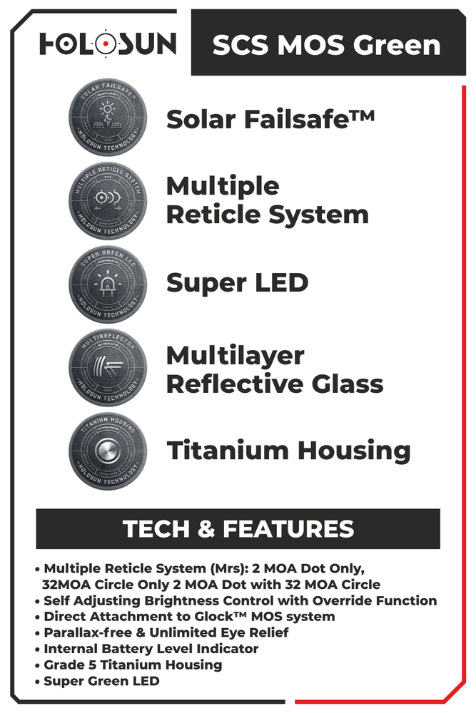 Holosun SCS-M-GR Green Multi-Reticle 2MOA & 32MOA Circle Dot Reflex Sight