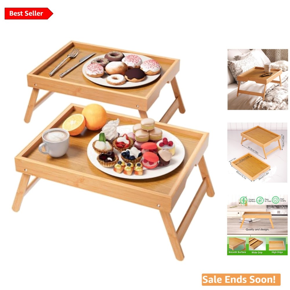 Stylish 2 Pack Bamboo Breakfast Trays - Compact Foldable Design for Convenience