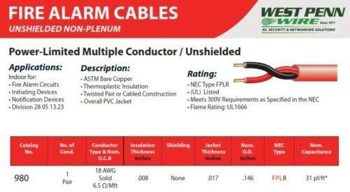 West Penn Wire 980RD - 18 Awg / 2 Conductor Solid FPLR Non-plenum Black