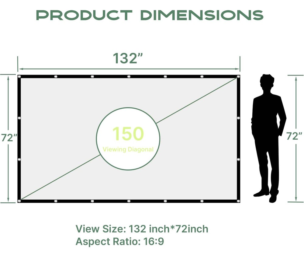 Outdoor Projector Screen 150 inch, Washable Projector Screen 16:9 Foldable An...