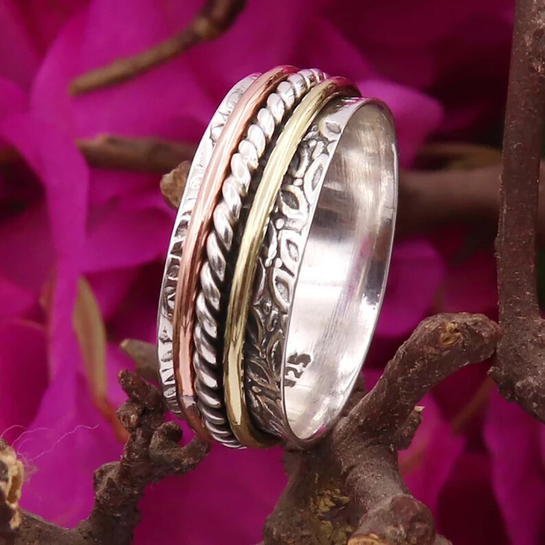 Copper Solid 925 Sterling Silver Band& Spinner Ring Handmade Ring All Size-U-91