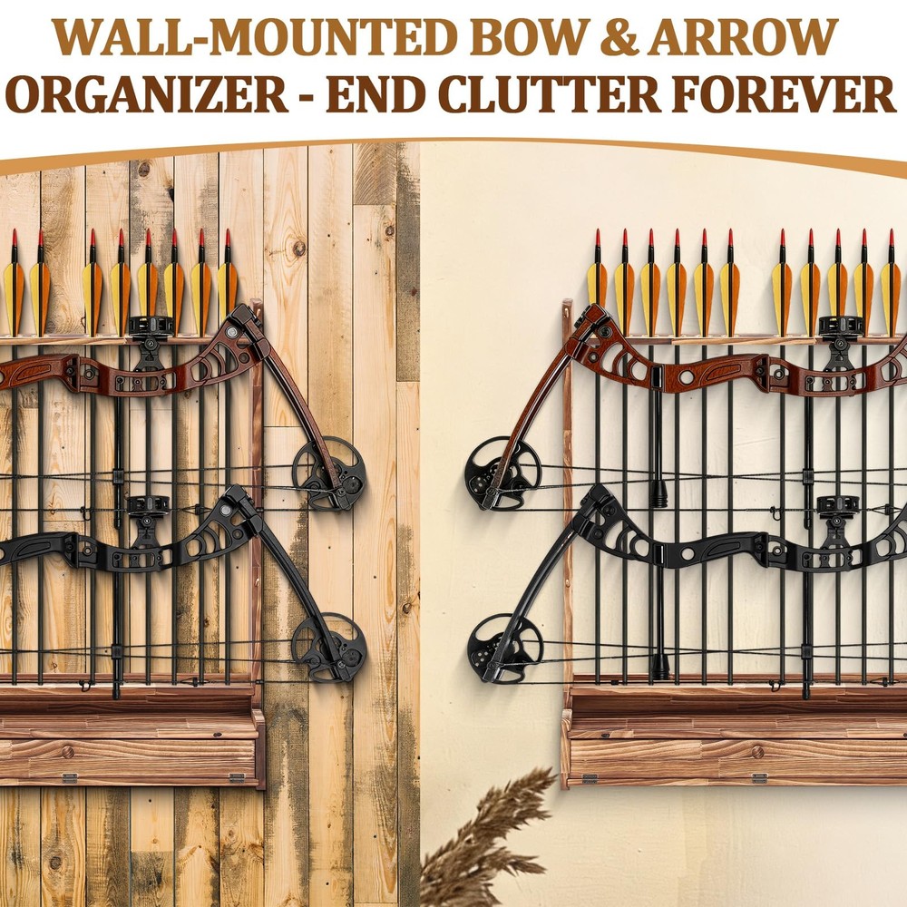 Wall Mounted Bow & Arrow Display Rack, Solid Wood Holder for 2 Compound Bows ...