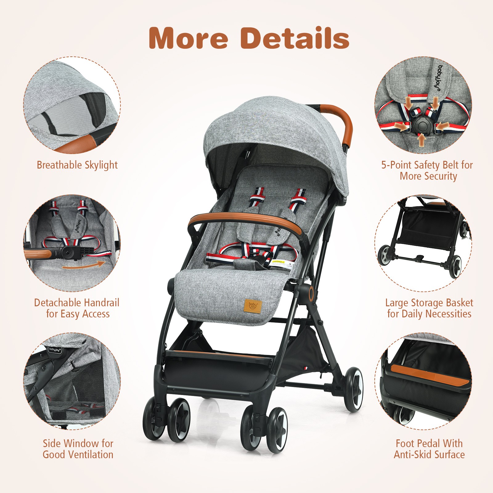 Babyjoy Lightweight Baby Stroller Aluminium Frame w/ Net for Travel Gray