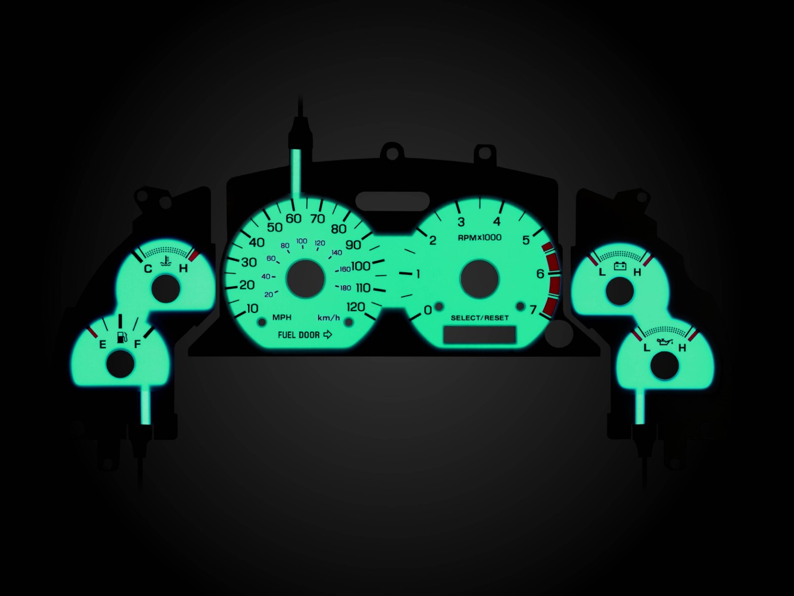 BLUE/GREEN Glow Gauge White Overlay For 99-04 Ford Mustang V6 120MPH Cluster