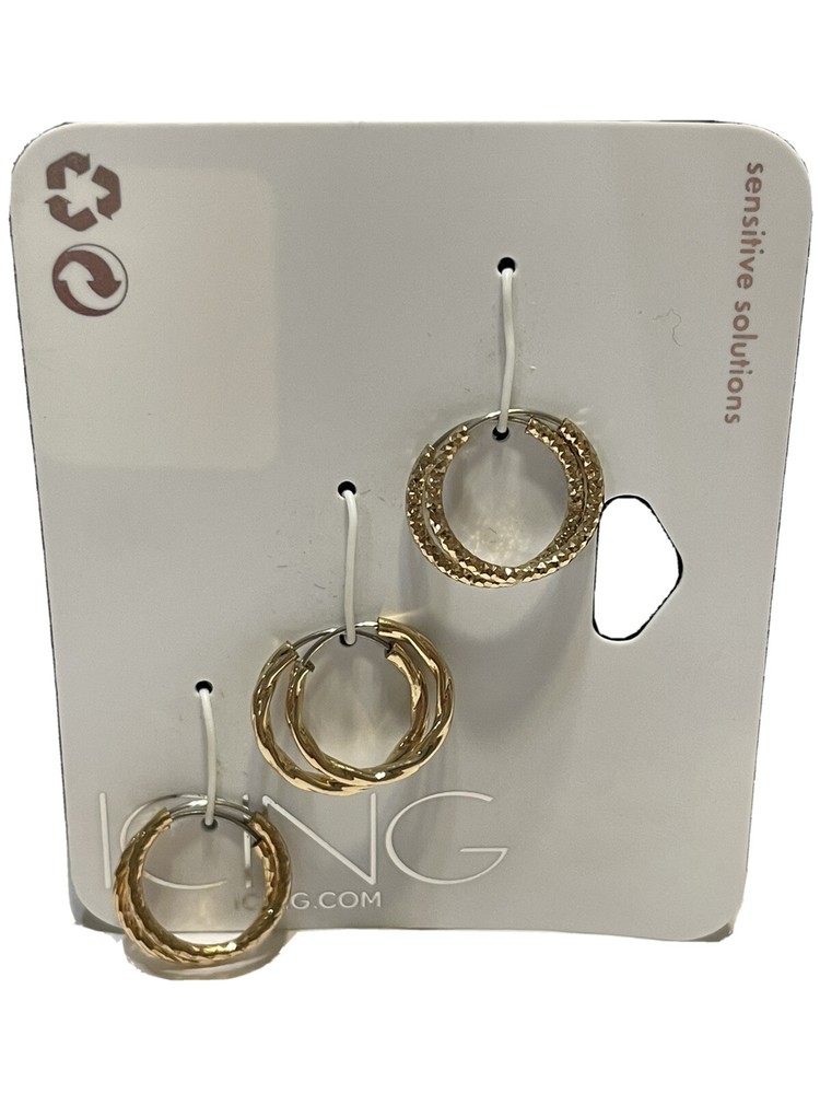 NWT 3 Pairs icing gold tone hoop round circle earring set Sensitive Solution