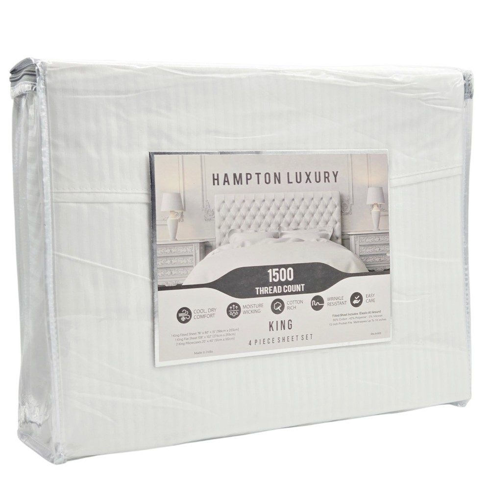 Hampton Luxury King Size 4pc White Sheet Set 1500 Thread Count Cotton Blend