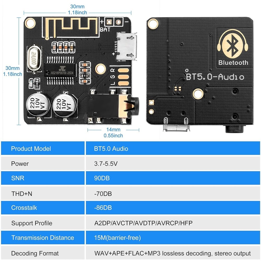 Compact 5V Bluetooth Receiver Board with Lossless Decoding for Superior Sound