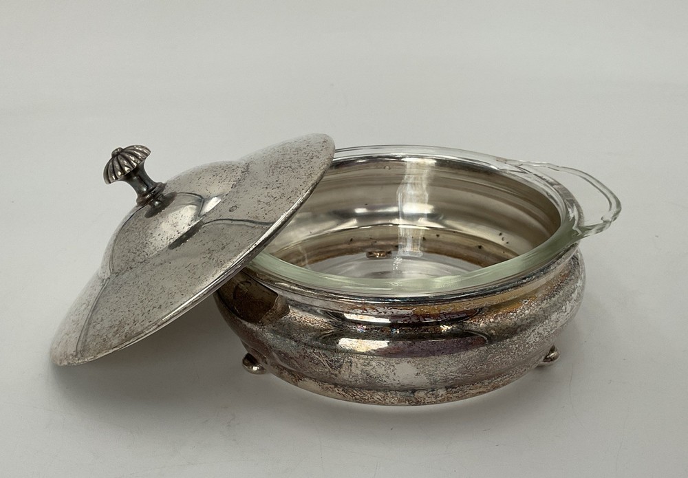 Vintage Sheffield Silver Co. Plate Lid Serving Dish W/ Pyrex Glass Bowl Insert