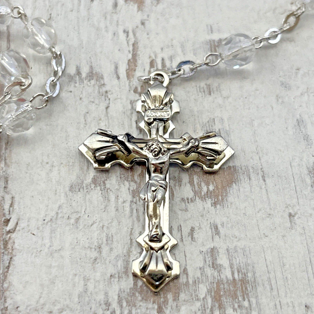 Clear Multi Faceted Cut Rosary Beads INRI 19"