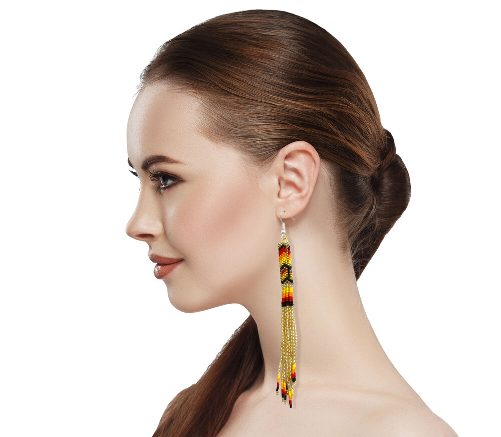 Handmade Beaded Gold Extra long Native style earrings