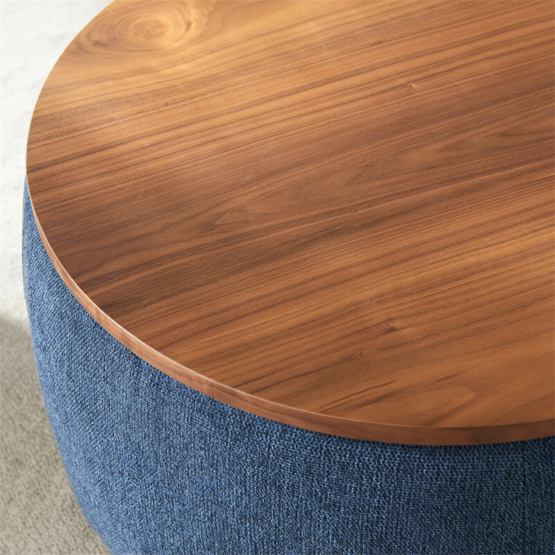 Round Storage Ottoman, 2 in 1 Function, Work as End table & Ottoman-Navy