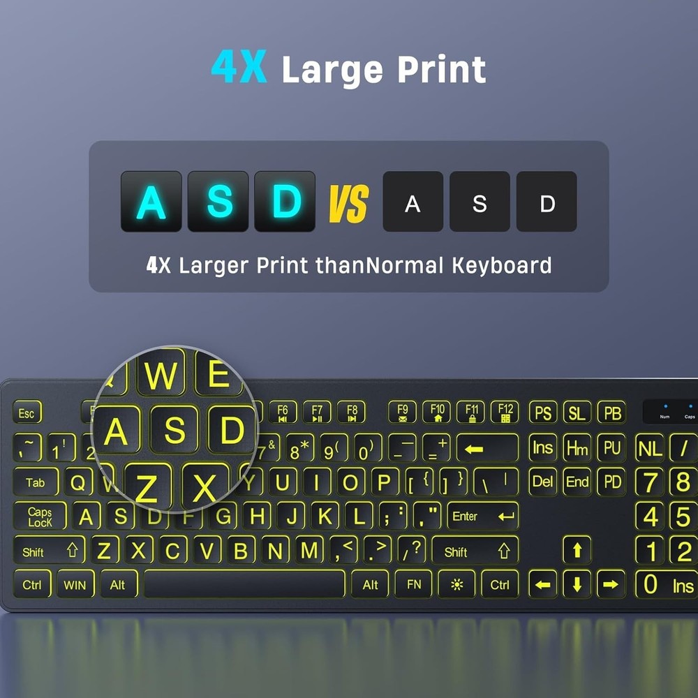 Large Print Backlit Wireless Keyboard - 2.4G Silent Wireless Light Up Keyboard