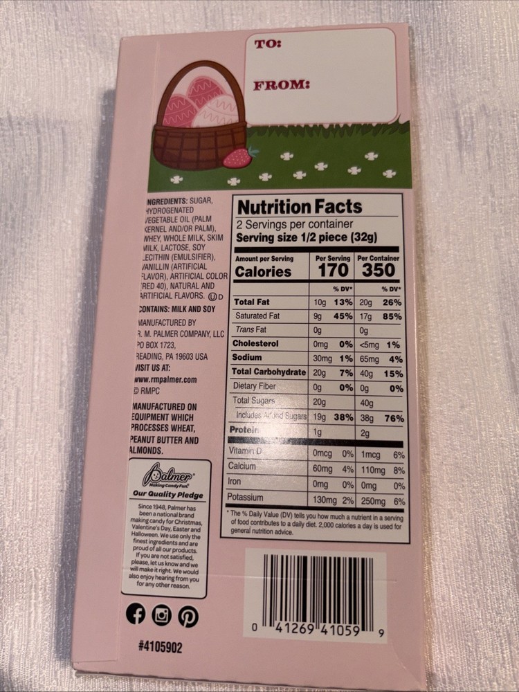 2.25 oz PALMER Solid Bunny Strawberry Milkshake Flavored Candy For Easter Basket