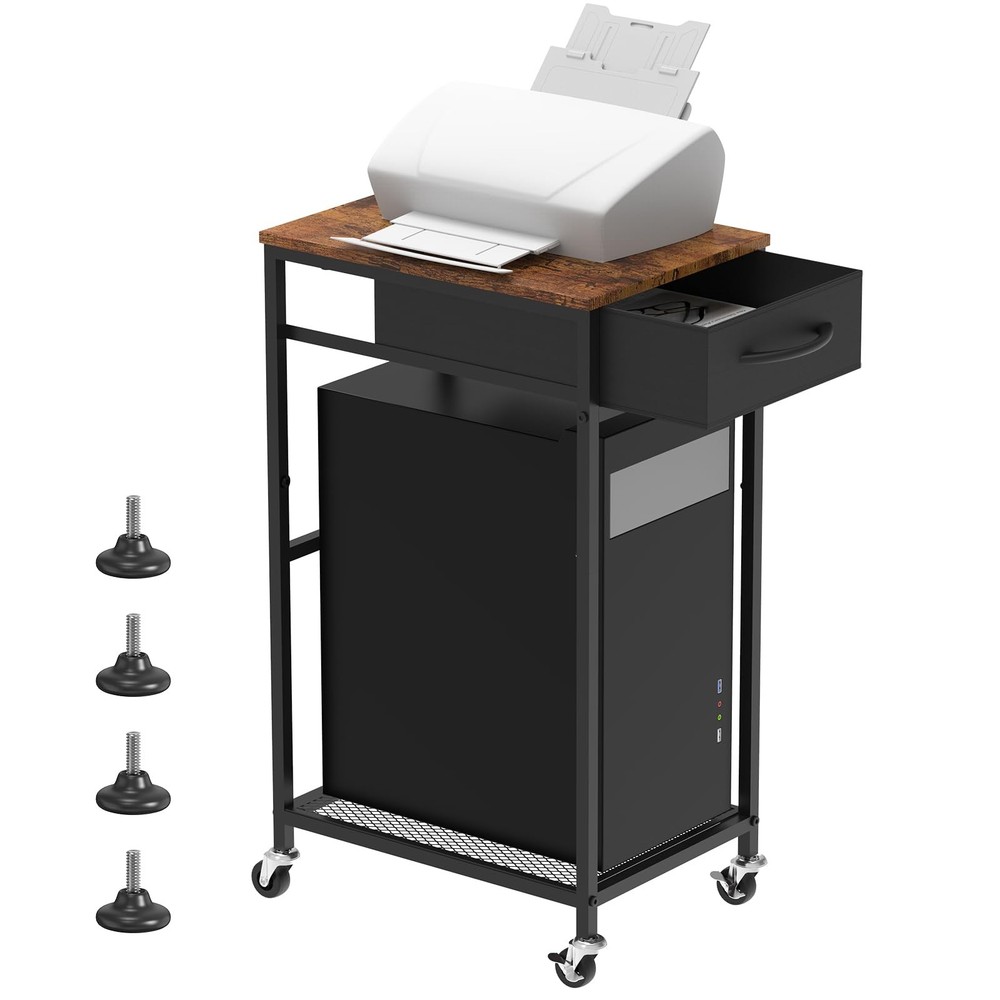 Computer Tower Stand PC with Storage Drawer 2 Tier Wood Brown