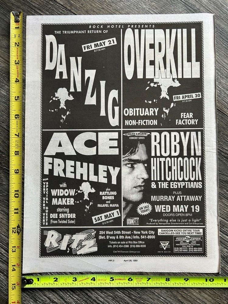 KISS Concert Ad Advert ACE FREHLEY May 1 1993 The Ritz NYC Vintage Kiss C Danzig