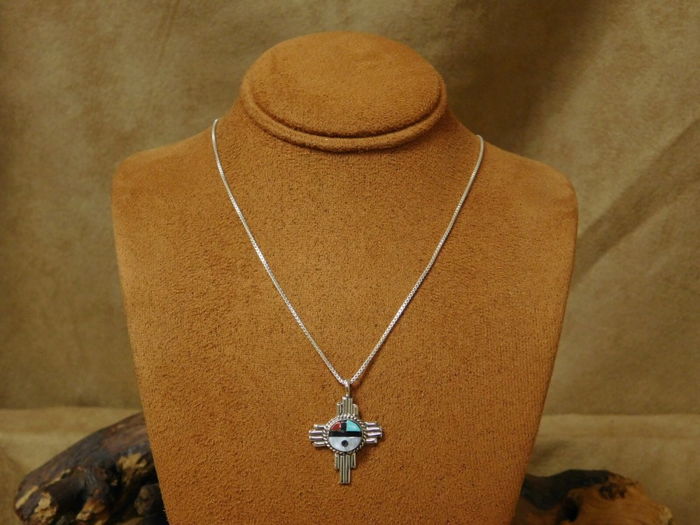 Sterling Silver Multi Stone Inlay Sunface Necklace