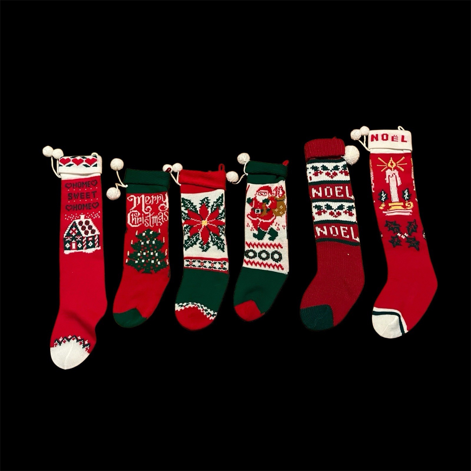 Vintage Christmas Stocking Lot Knit Red Green Santa Noel Poinsettia Tree Candle