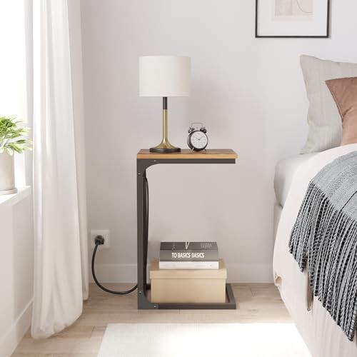 C Shaped End Table with Charging Station, Side Table for Sofa, Couch 2 Brown