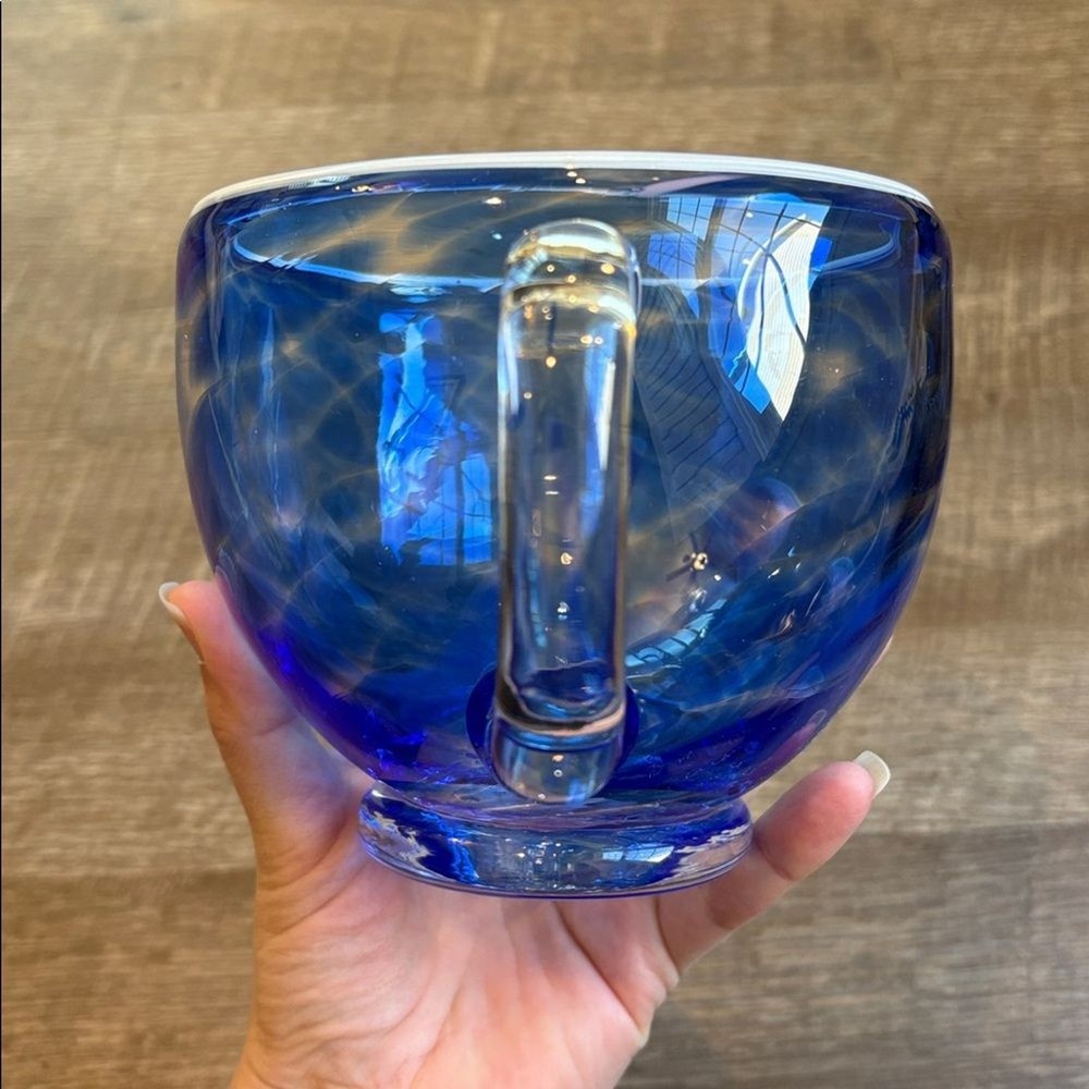 Blue Swirled Large Glass Mug with Handle 4.5”H