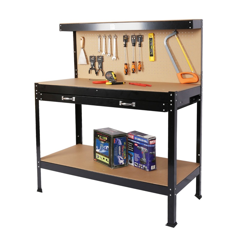 Steel Workbench Tool Storage Work Bench Workshop Tools Table W/Drawer and Peg Bo