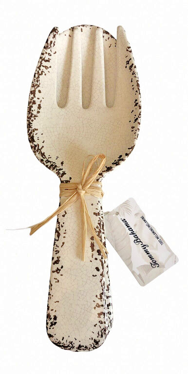 Tommy Bahama Speckled Salad Server Set Serving Spoon Fork White Rustic 11"
