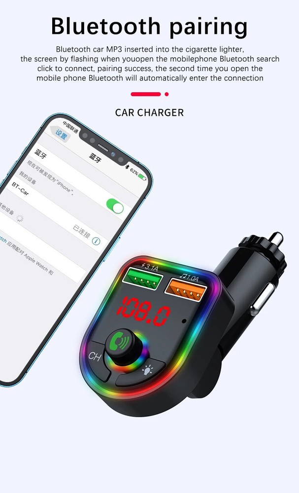 Car Bluetooth 5.3 FM Multifunction Adapter Dual USB Port Quick Charge Adapter