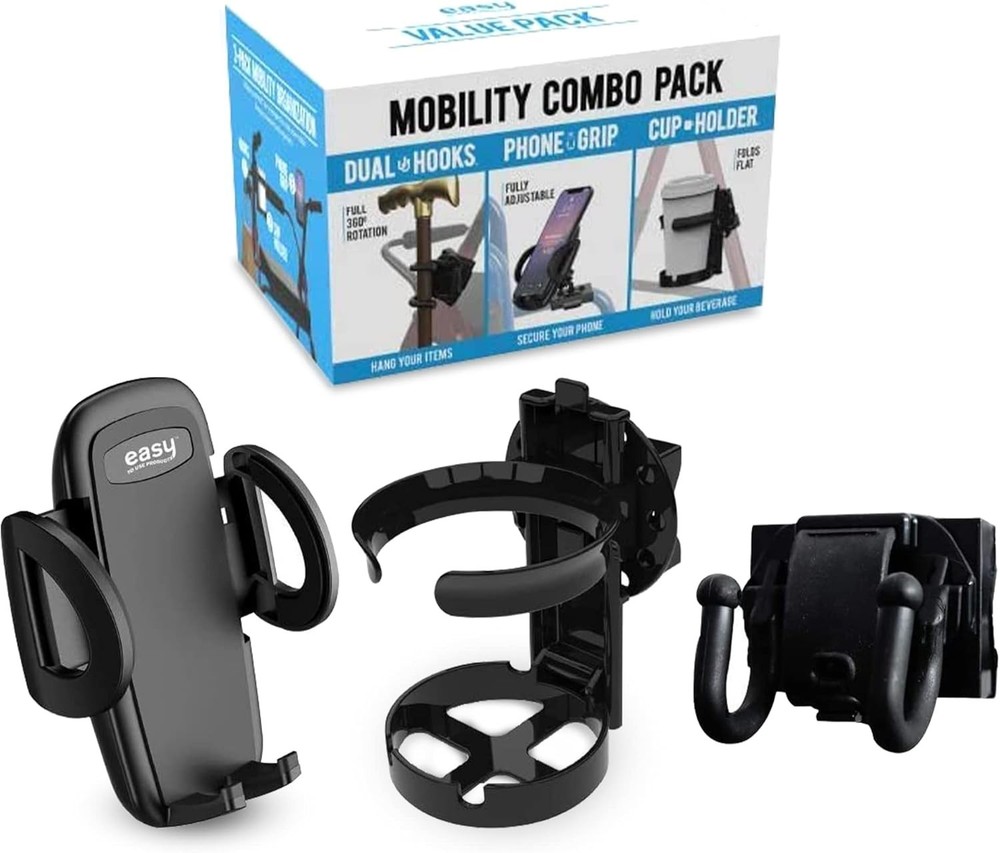 Mobility Combo Pack, Hook, Phone and Cup Holder for Walker, Portable Beverage...