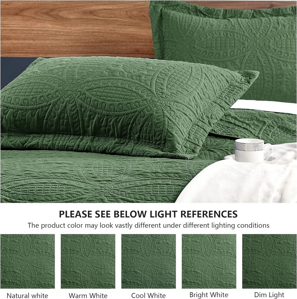 King Size Quilt Set - Lightweight Bedspread with Coin Pattern - Olive Green