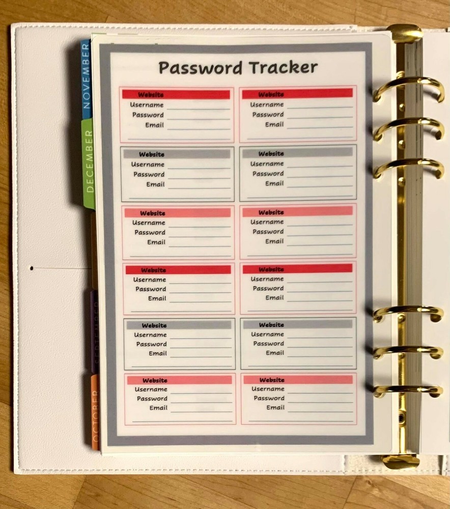Password Organizer Dashboard Insert 4 use with ErinCondren A5 Ring Agenda