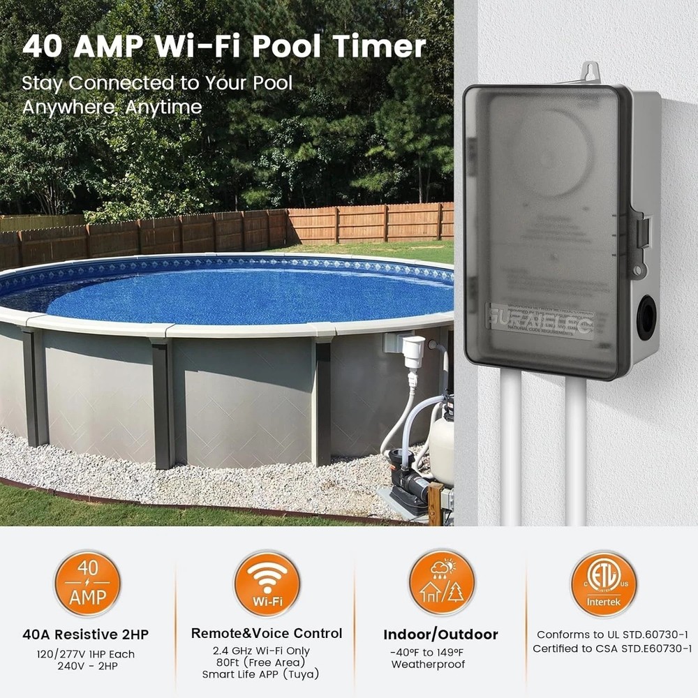 Smart WiFi Pool Timer Switch, 40 AMP – Rainproof Control for 120-277 VAC