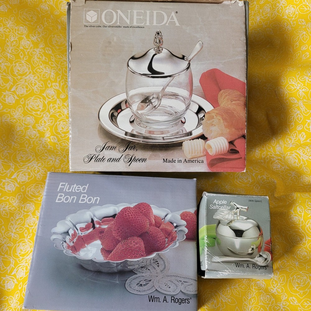 Lot Of 3 Silver Plated WM Rogers Bon Bon Oneida Jam Jar Lidded Apple Saltcellar
