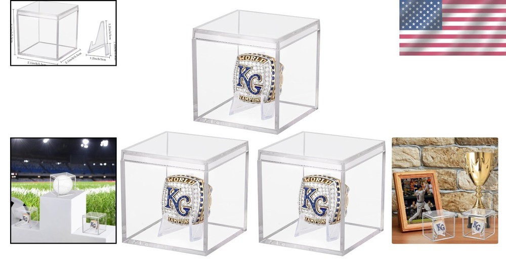 3 Pack Championship Ring Display Case Clear Acrylic Display Case- Storage Box
