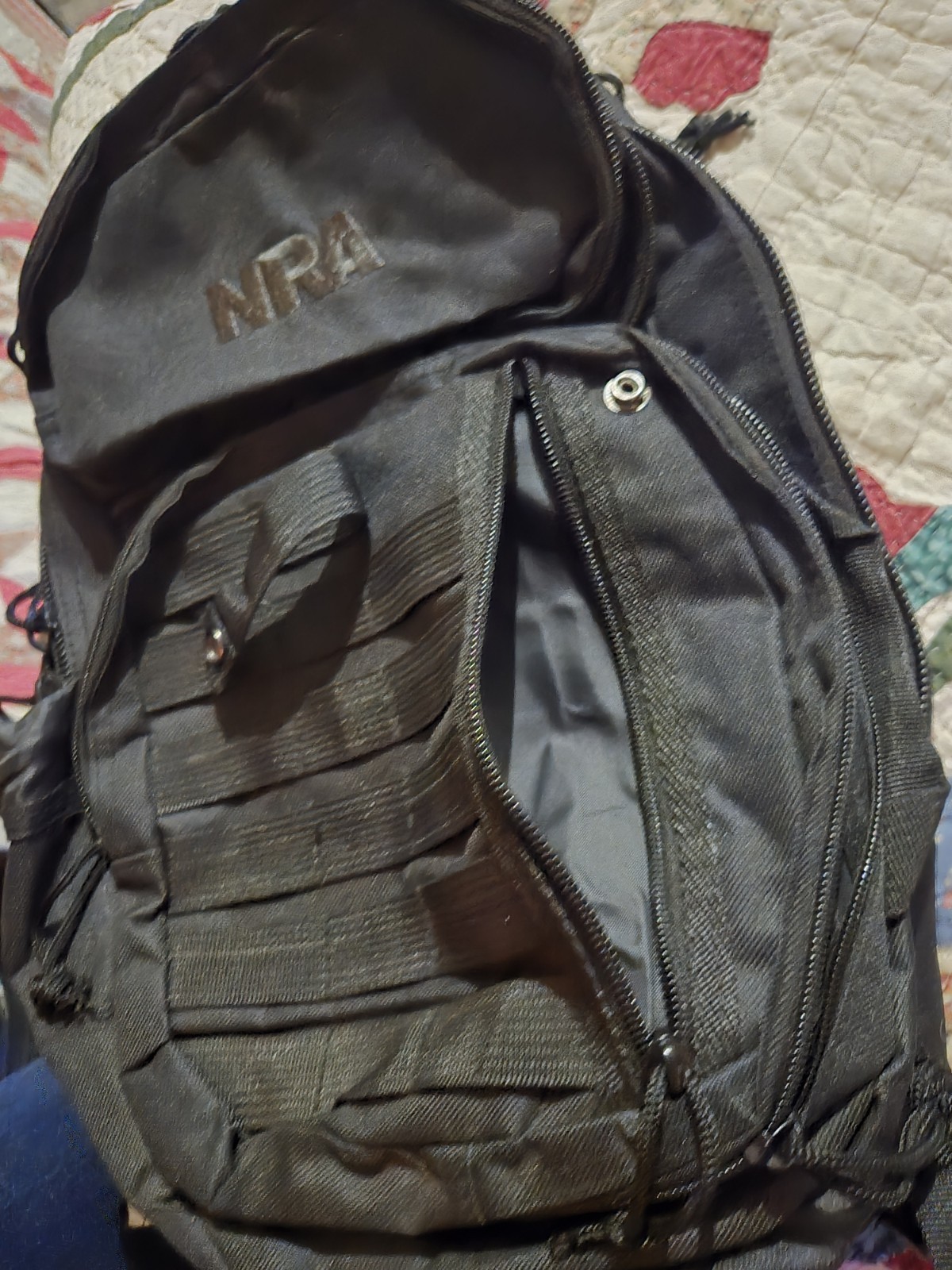 NRA Black Multiple Zipper Compartment Tactical Backpack Bag 16”x12” Nice Bookbag