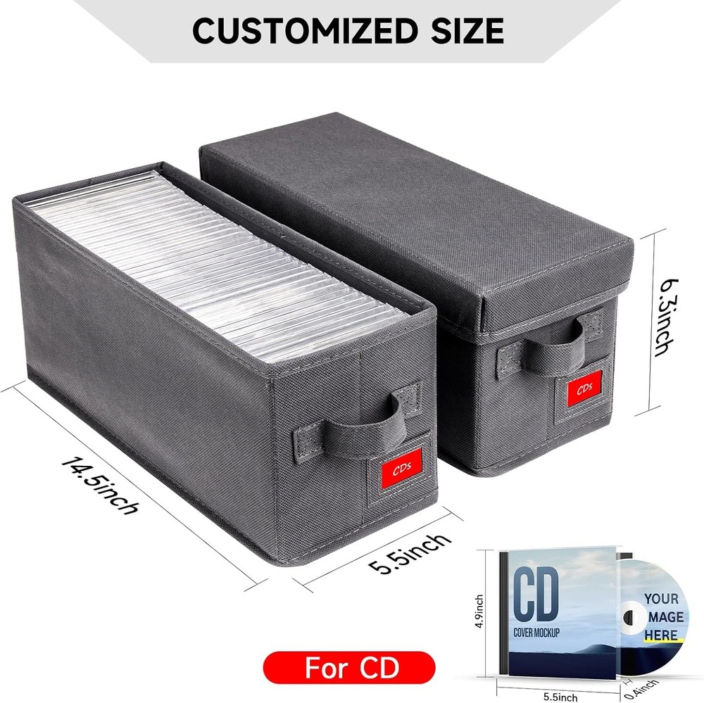 4 PCS Grey CD Storage Box Case Holder Stackable Lid 14.37x5.5x6.3 Inch
