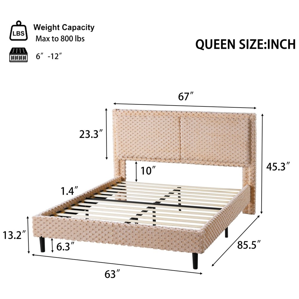 Queen/King Size Modern Upholstered Platform Bed Frame w/ Camel Plush Headboard