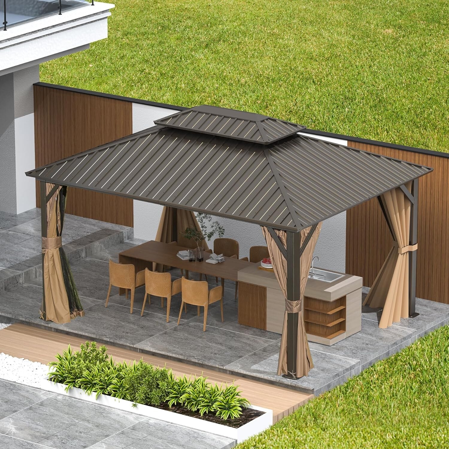 Domi 10’ x 14’ Hardtop Gazebo Outdoor Aluminum Gazebo w/Curtains and Net, Brown