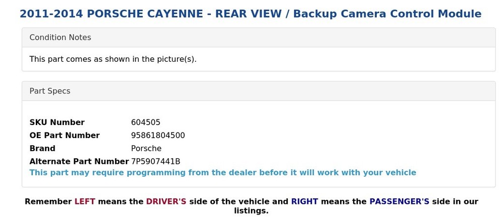 2011-2014 PORSCHE CAYENNE - REAR VIEW / Backup Camera Control Module