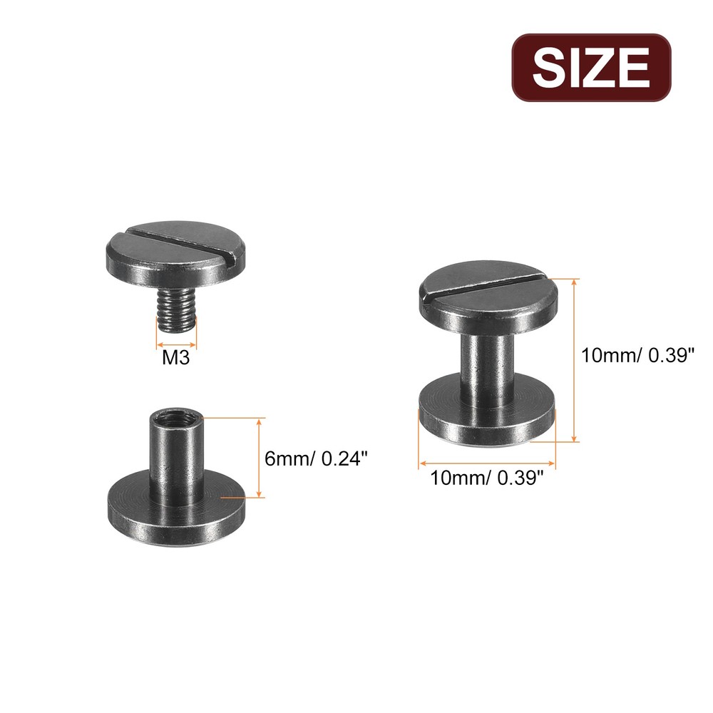 25Pack Brass Chicago Screws, 6x10mm Post Nail Stud Rivets, Black