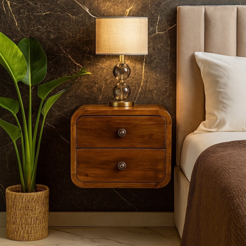 Solid Wood Floating Mini Nightstand, 2-Drawers, Chestnut, Brown