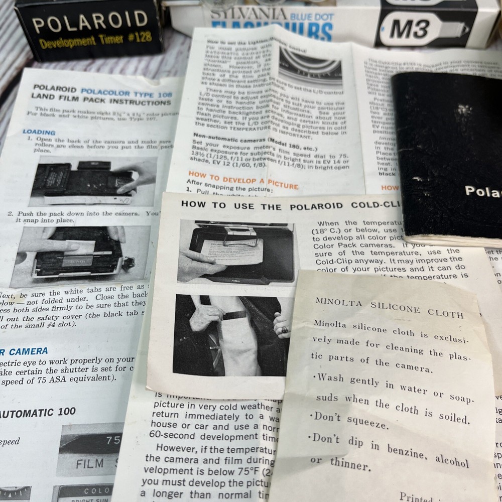 Vintage Polaroid Automatic 100 Land Camera with Case, Timer, Flash, Bulbs, More