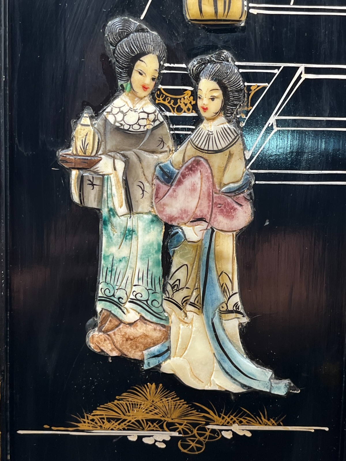 Vintage Chinese Black Lacquer Wall Panel Mother of Pearl Inlay & Stone Art