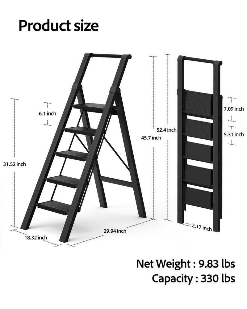 5 Step Ladder, Lightweight Folding Step Stool withConvenient Handgrip,Aluminu...